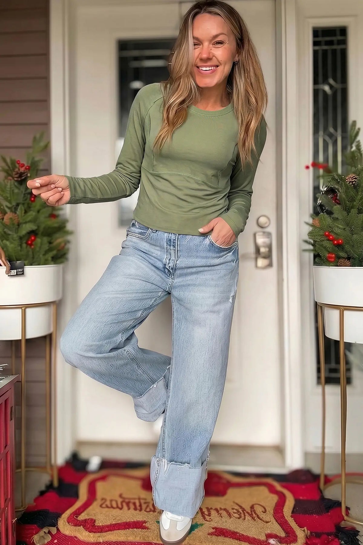Round Neck Panel Long Sleeve Top