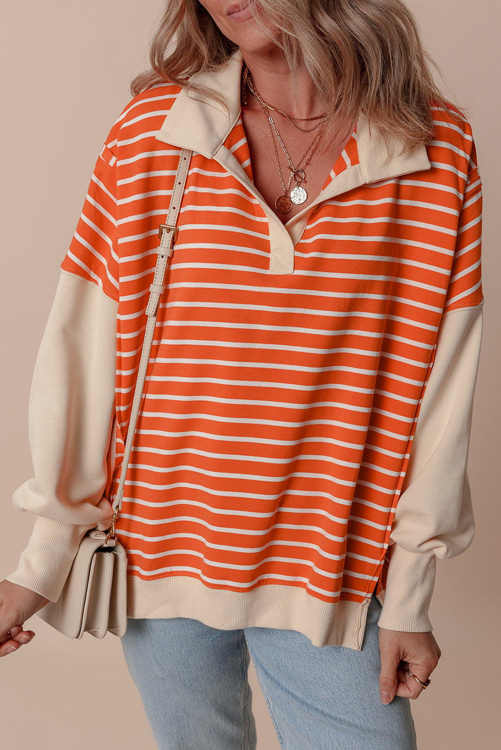 Orange Stripe Colour Block Loose Fit Collared Drop Shoulder Sweatshirt eAura