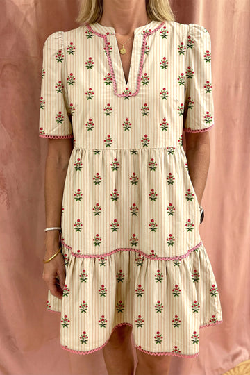 Striped Floral Print Contrast Detail Ruffle Hem Short Dress