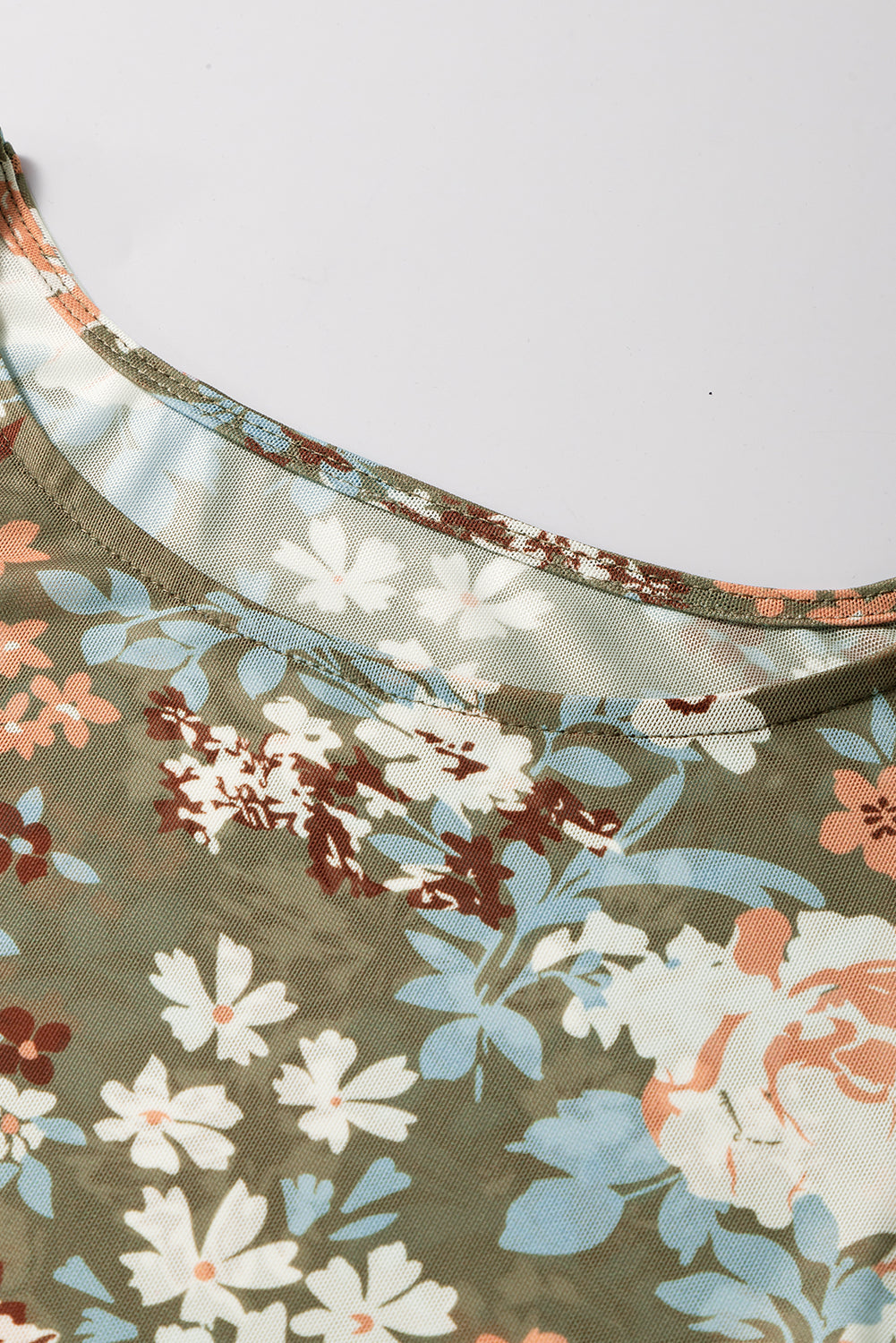 Green Floral Print Mesh Fitted Long Sleeve Top eAura