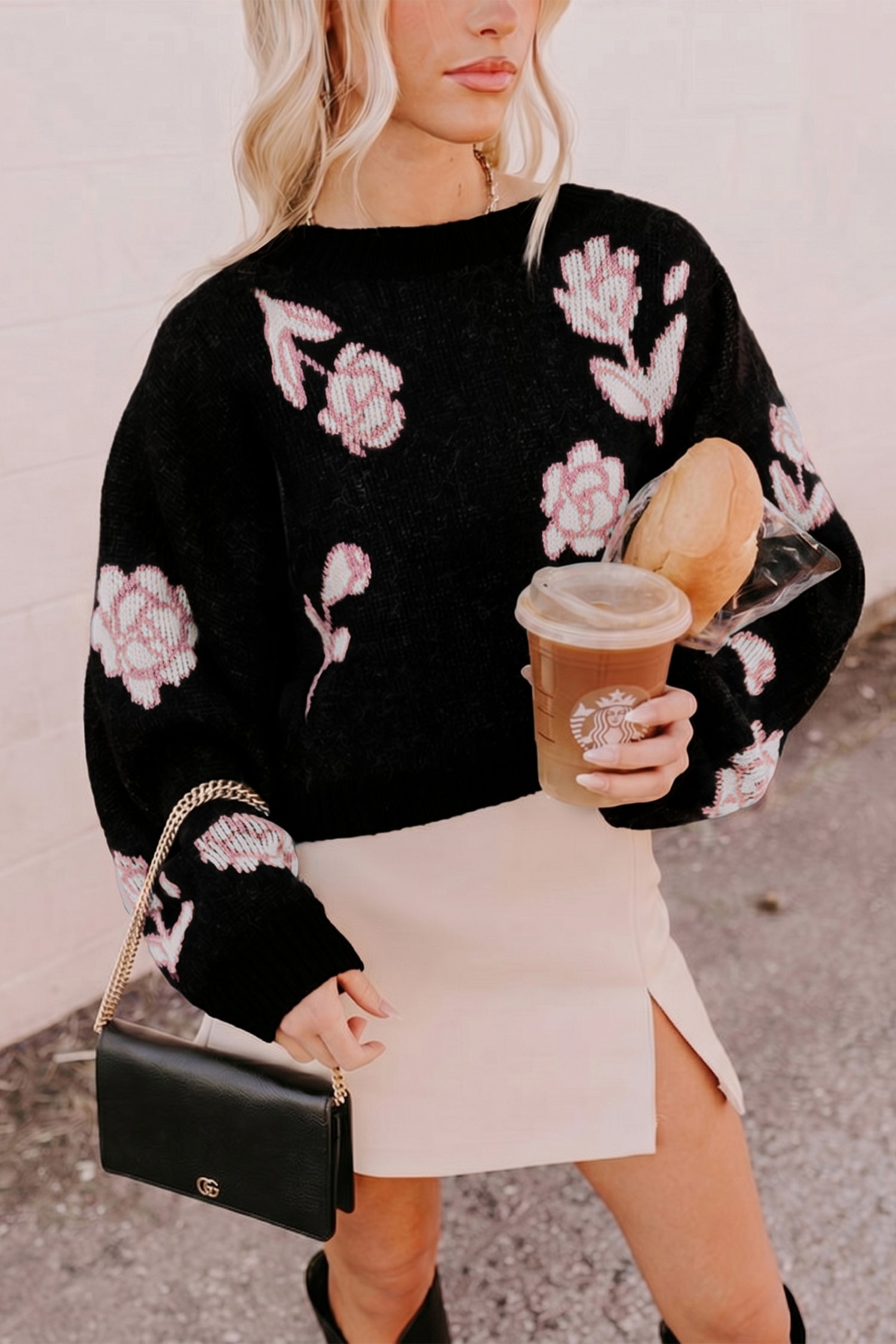 Floral Pattern Puff Sleeve Dropped Shoulder Pullover Sweater – Black