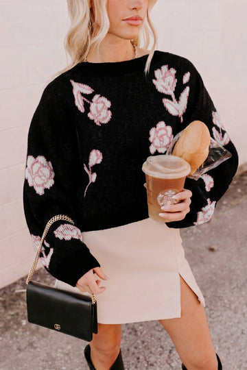 Floral Pattern Puff Sleeve Dropped Shoulder Pullover Sweater – Black