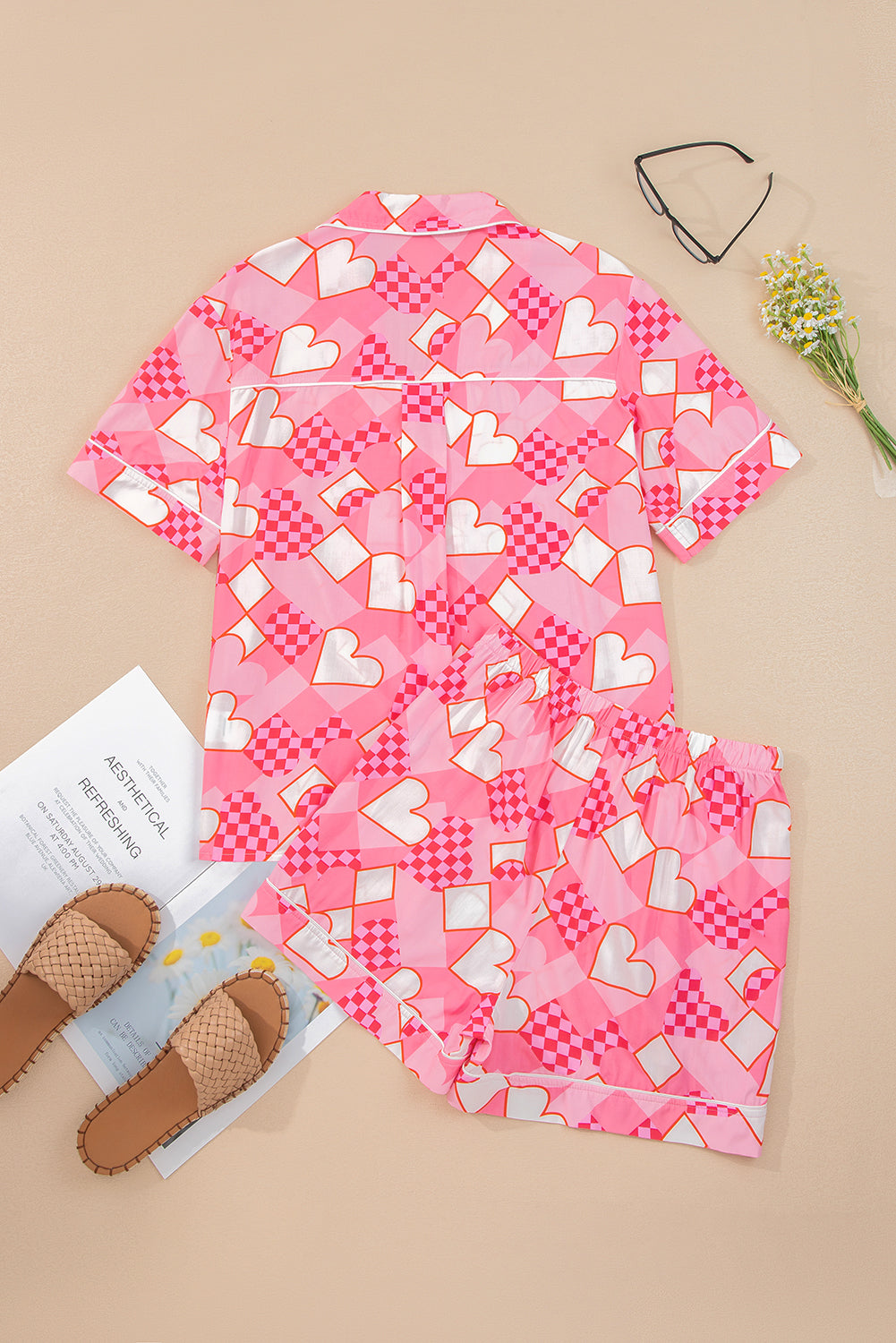 Heart Print Shirt Style Short Pyjama Set - eAura