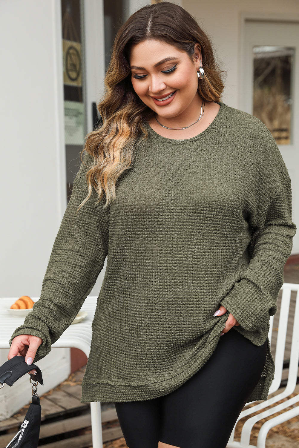 Moss Green Plus Size Textured Knit Long Sleeve Top BB Fashion Outlet