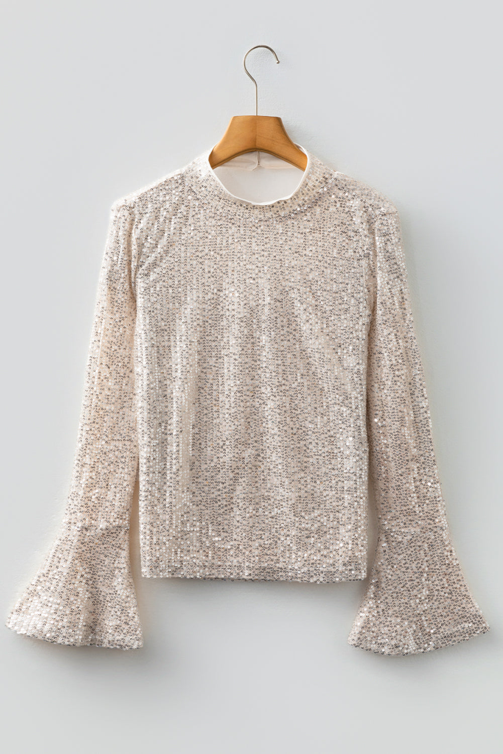Sequin Mock Neck Drape Open Back Bell Sleeve Top - eAura