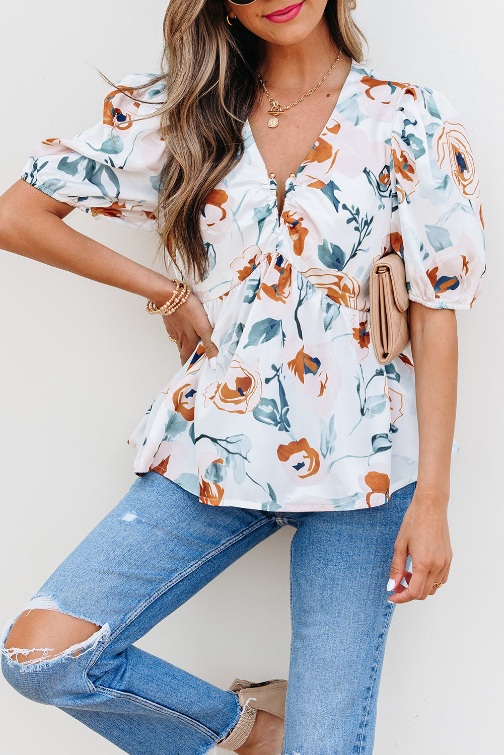 Green Floral Print Puff Sleeve V Neck Babydoll Blouse eAura