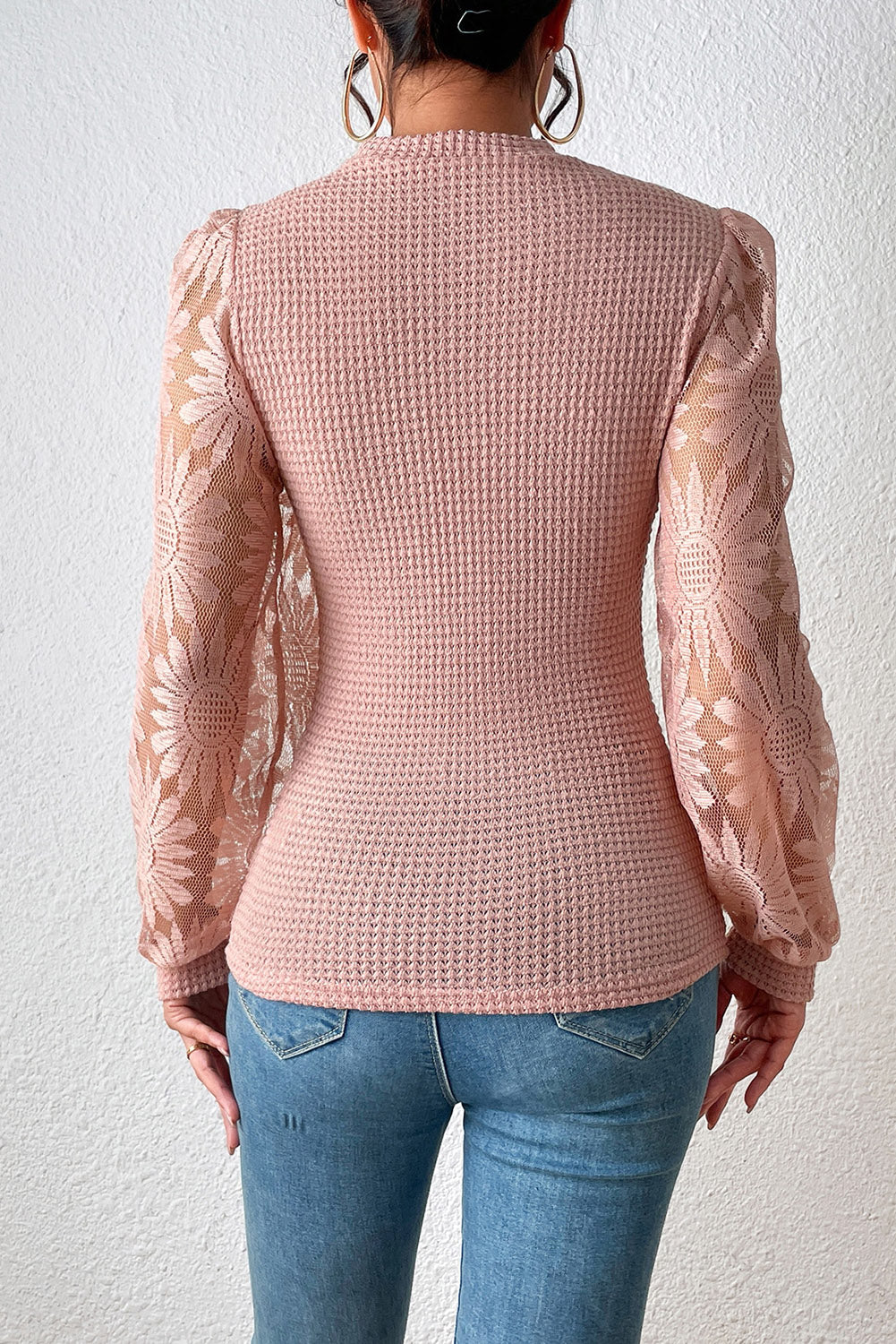 Peach Blossom Sunflower Mesh Bubble Sleeve Waffle Knit Top eAura