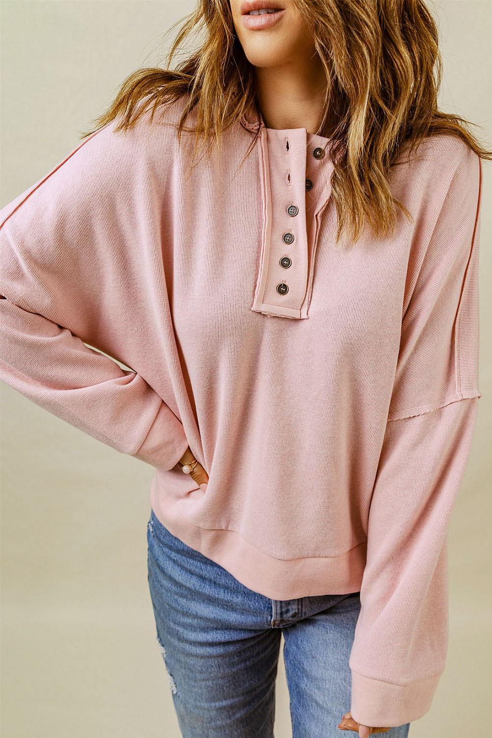 Pink Casual Button Solid Patchwork Trim Hoodie eAura