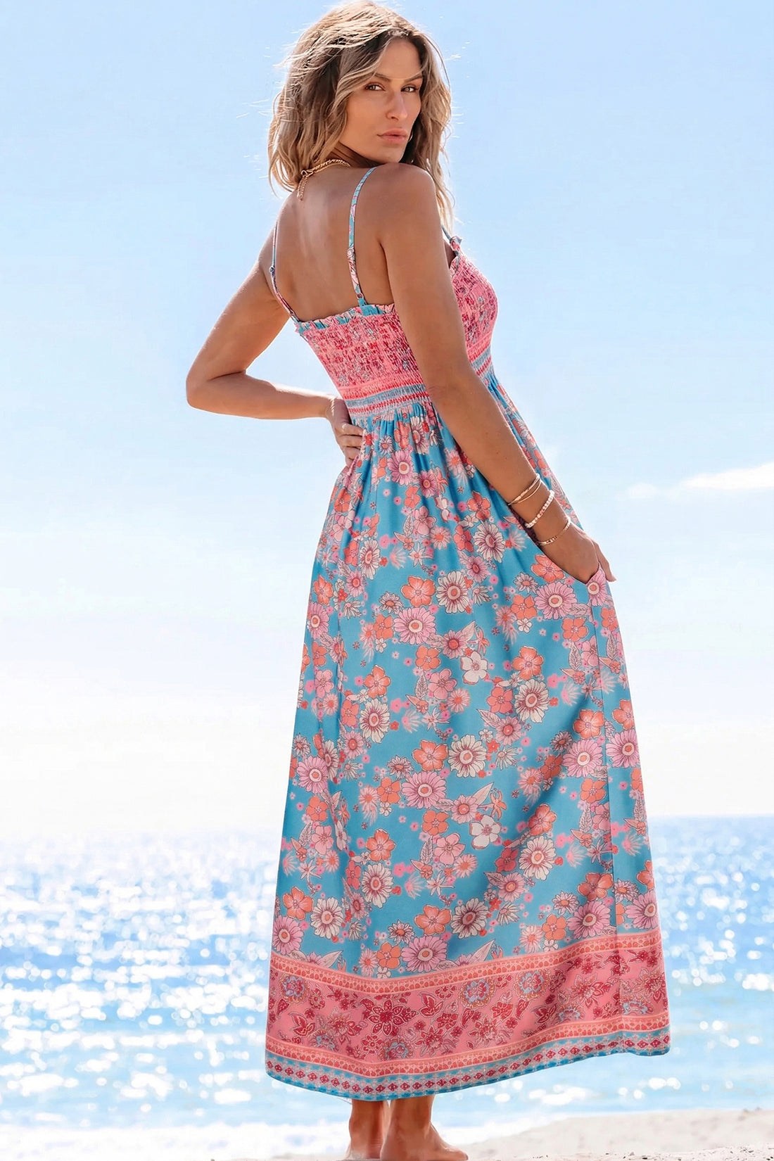 Boho Ethnic Print Smocked Waist Spaghetti Strap Maxi Dress