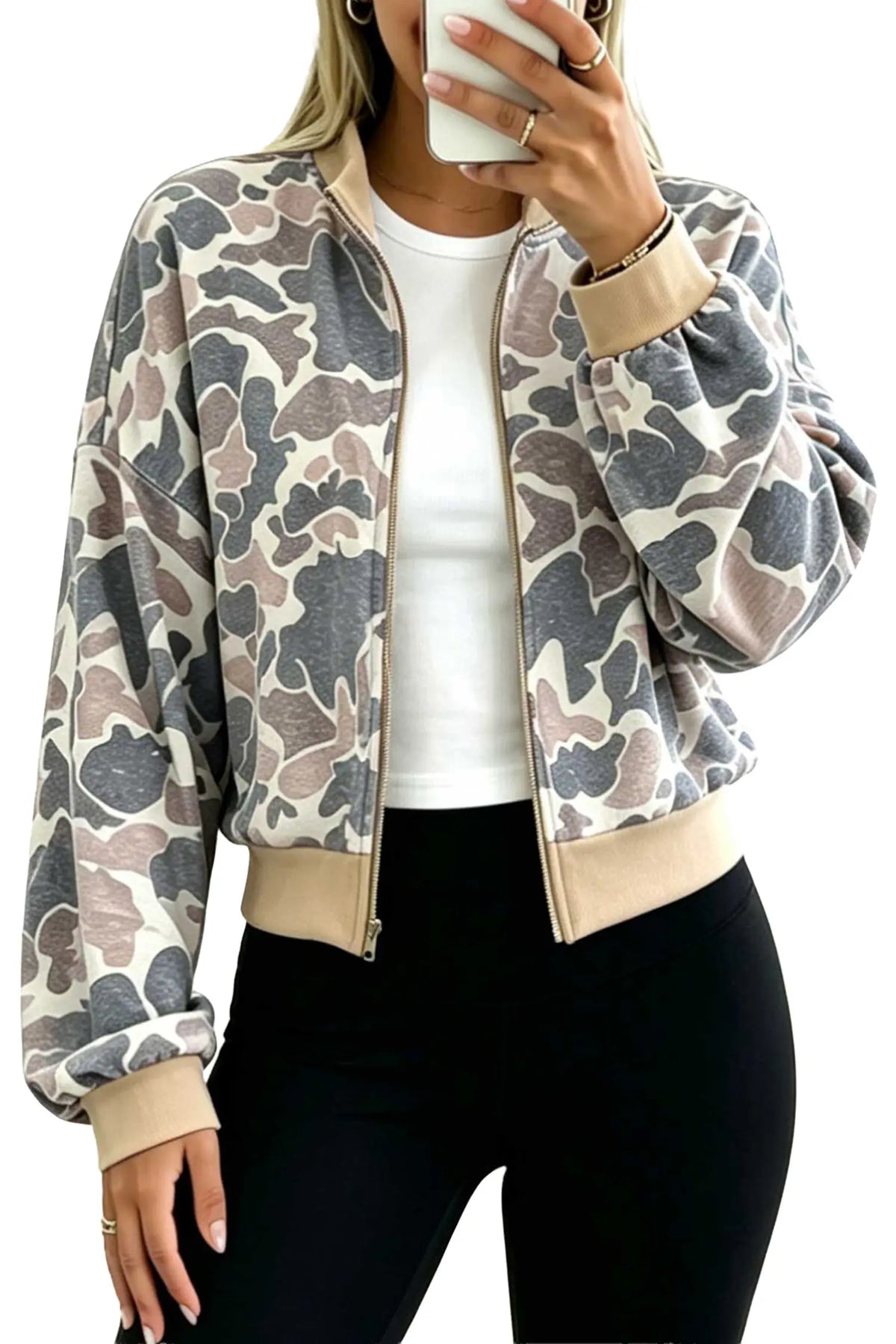 Camouflage Print Colour Block Trim Zip Bomber Sweatshirt – Multicolour