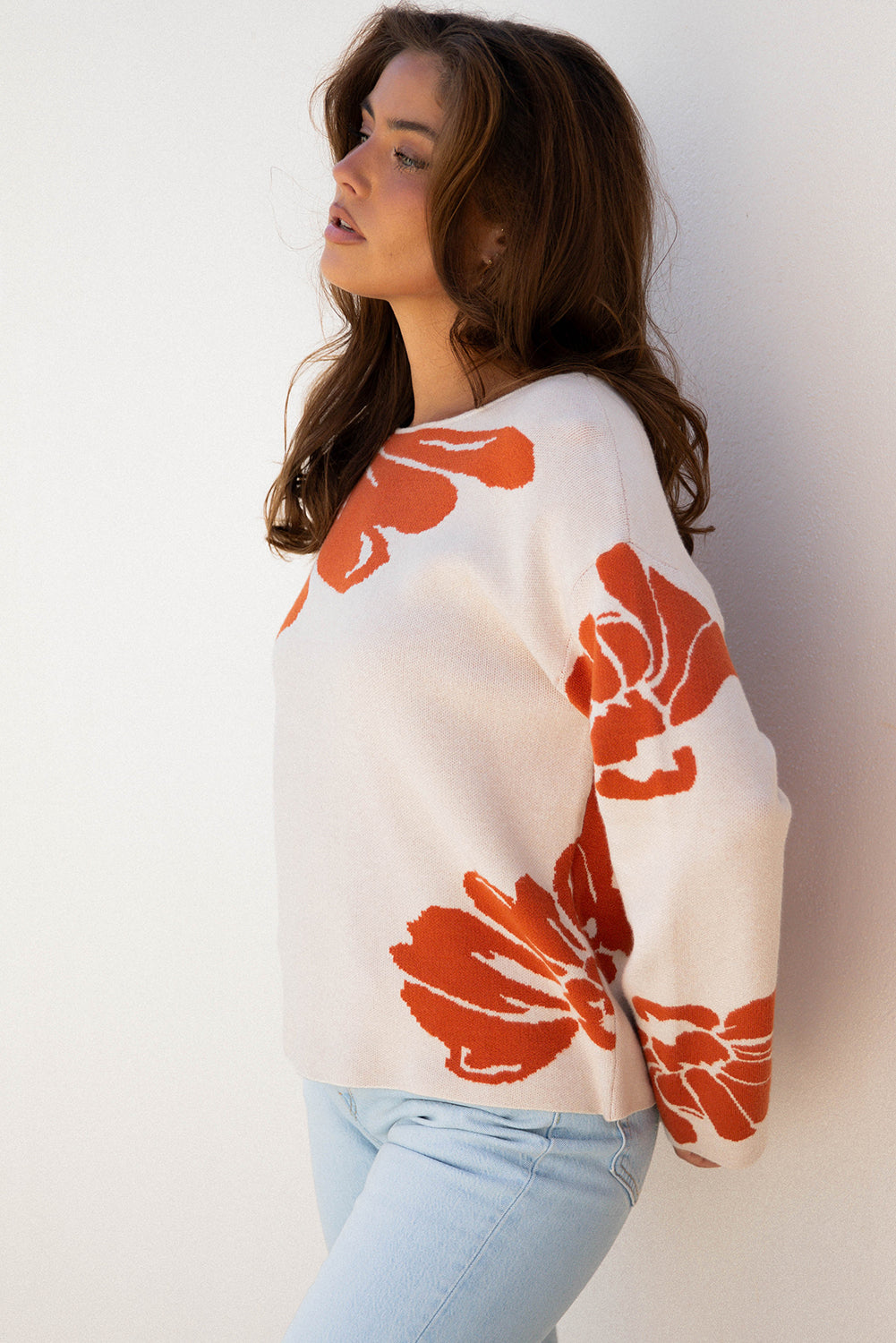 Bold Flower Pattern Wide Sleeve Overside Sweater - eAura