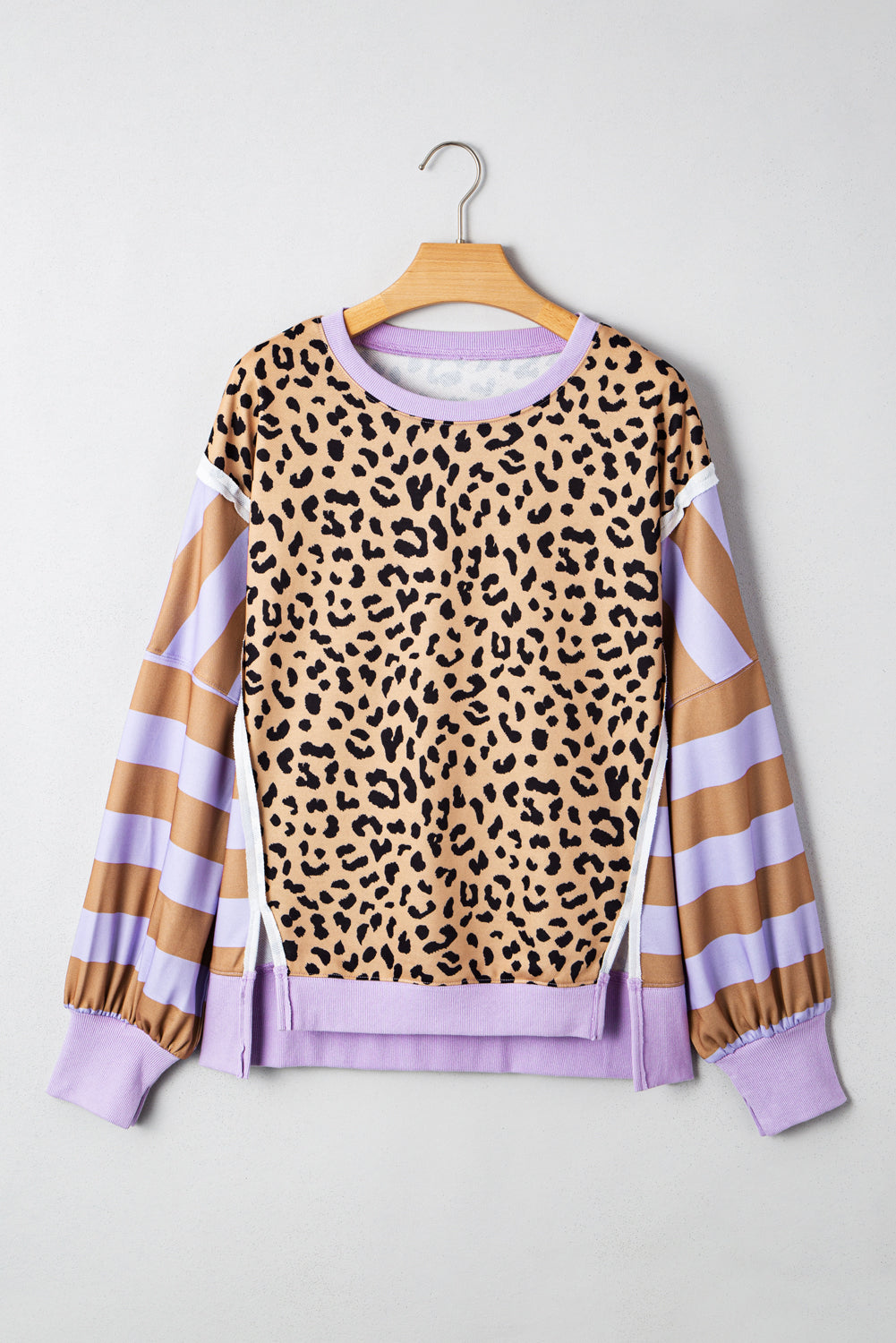 Stripe Colour Block Leopard Casual Sweatshirt with Slits - eAura
