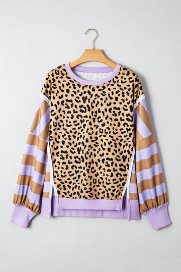 Stripe Colour Block Leopard Casual Sweatshirt with Slits - Tops/Sweatshirts & Hoodies