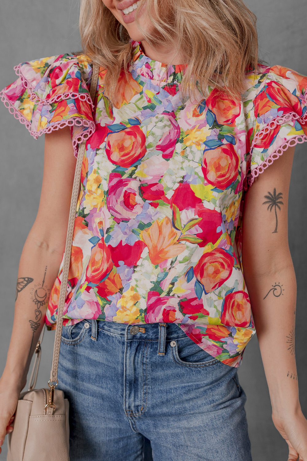 Multicolour Lace Trim Ruffle Short Sleeve Floral Blouse eAura