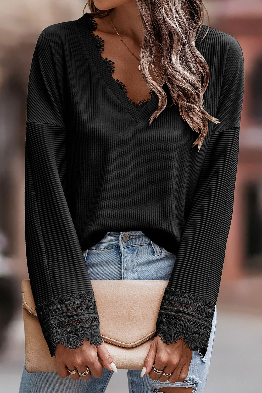 Ribbed Texture Lace Trim V Neck Long Sleeve Top BB Fashion Outlet