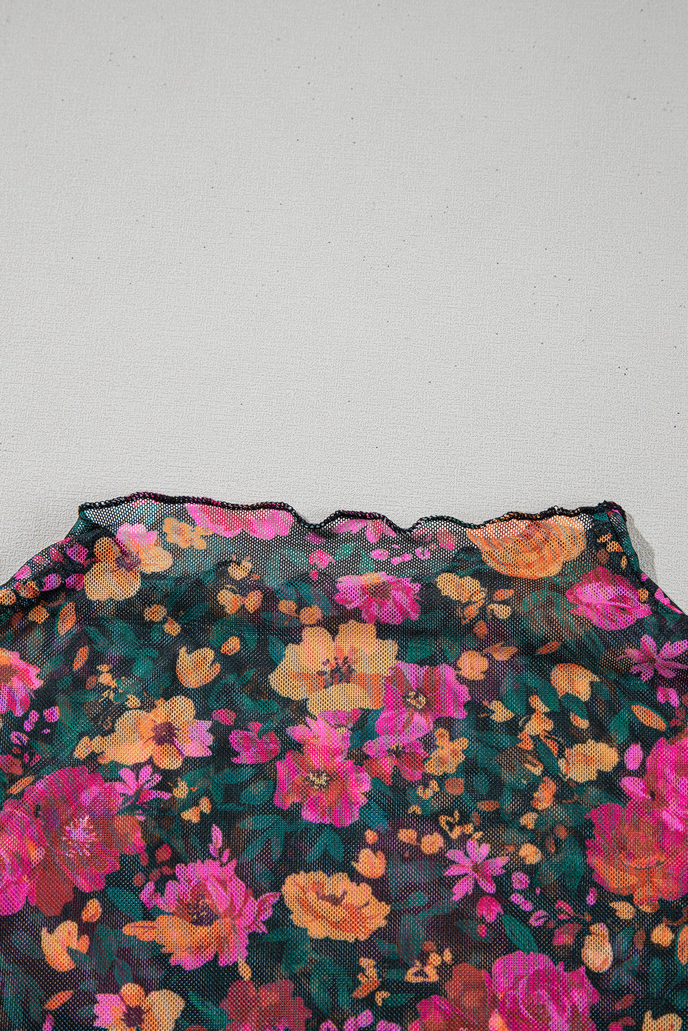 Rose Floral Print Mesh Stand Neck Short Sleeve Top eAura