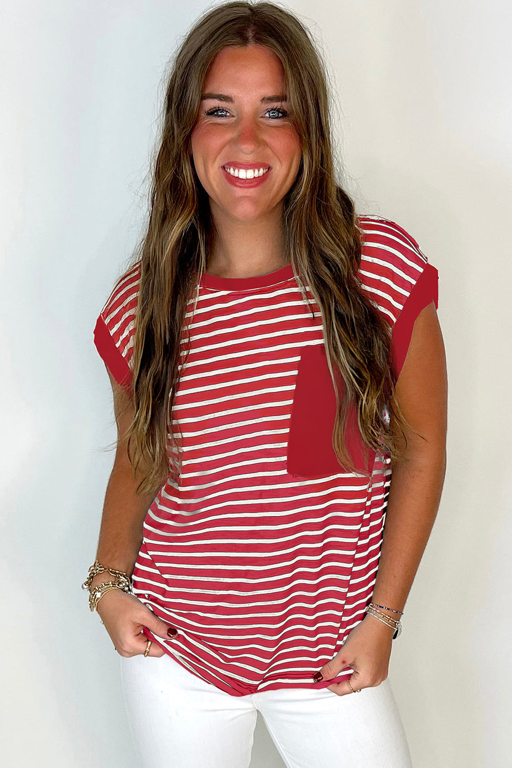 Red Stripe Chest Pocket Patch Round Neck Tank Top eAura