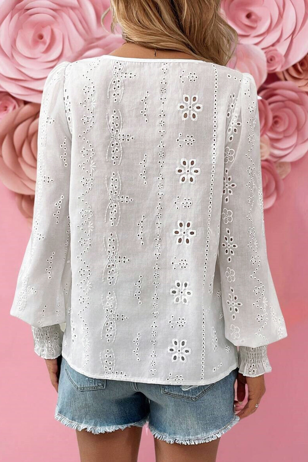 White Eyelet Embroidered Smocked Cuff Sheer Blouse Dear-Lover Dropshipping