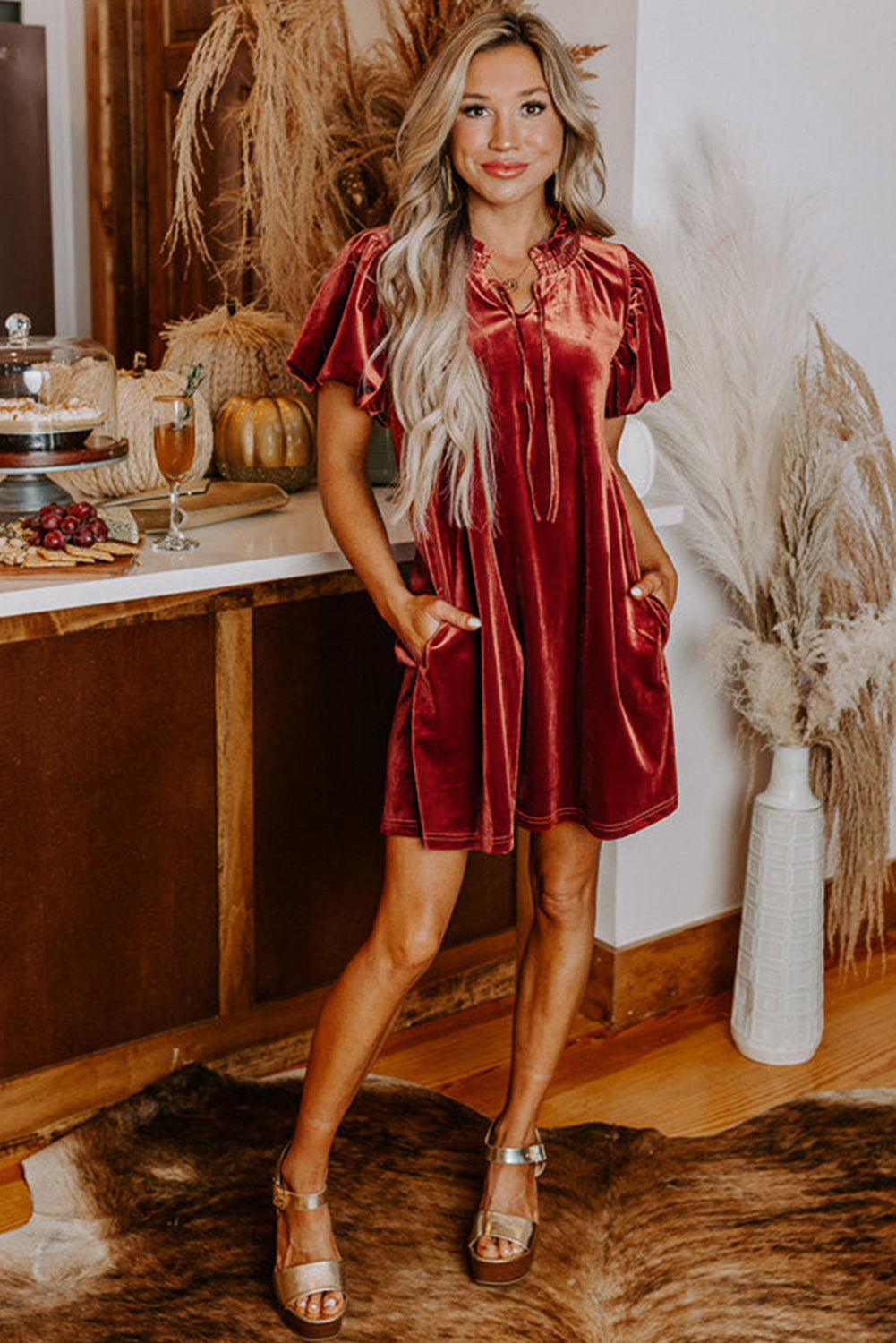 Cinnamon Velvet Smocked Neckline Puff Sleeve Shift Mini Dress eAura