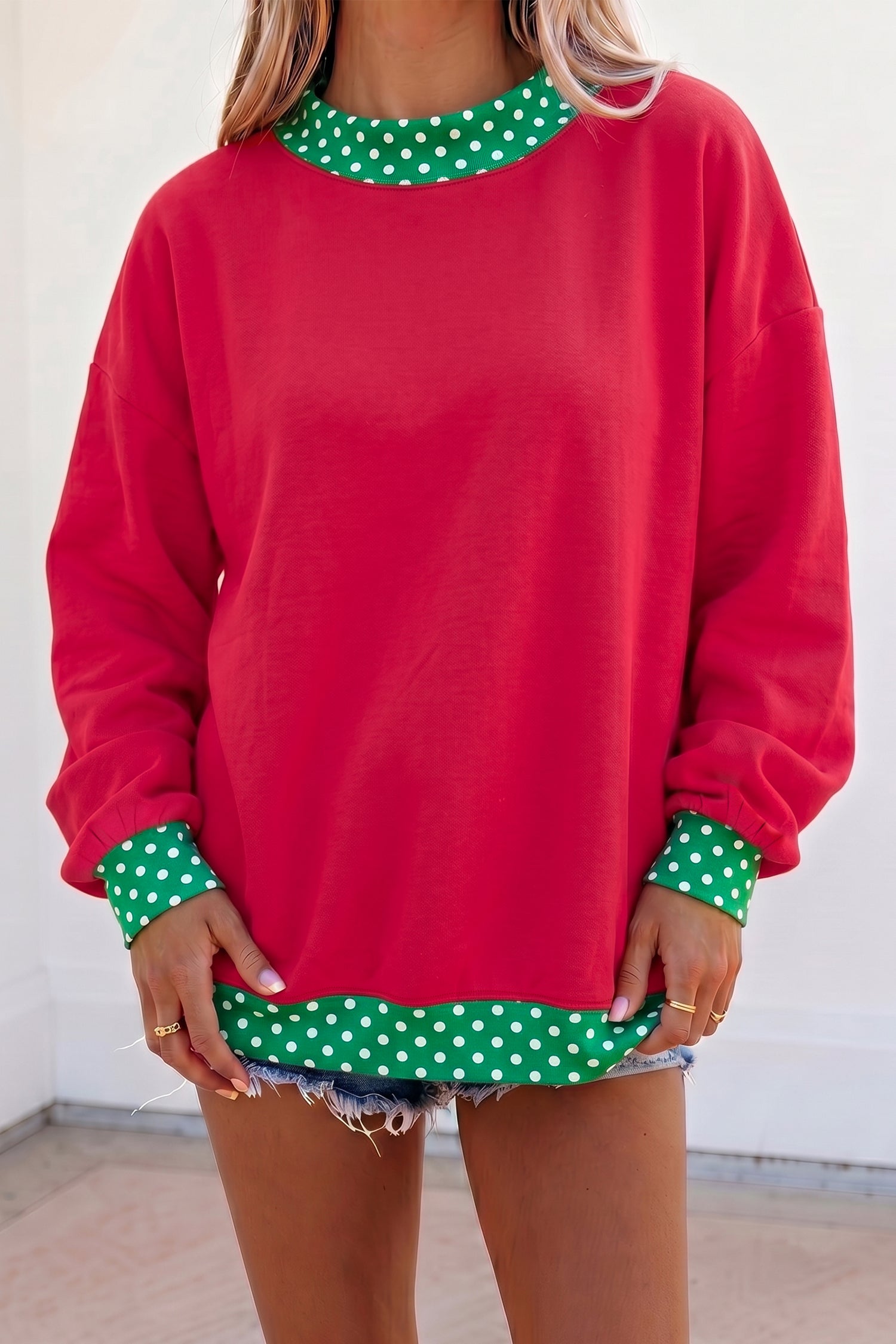 Colorblock Polka Dot Contrast Trim Oversized Sweatshirt – Red