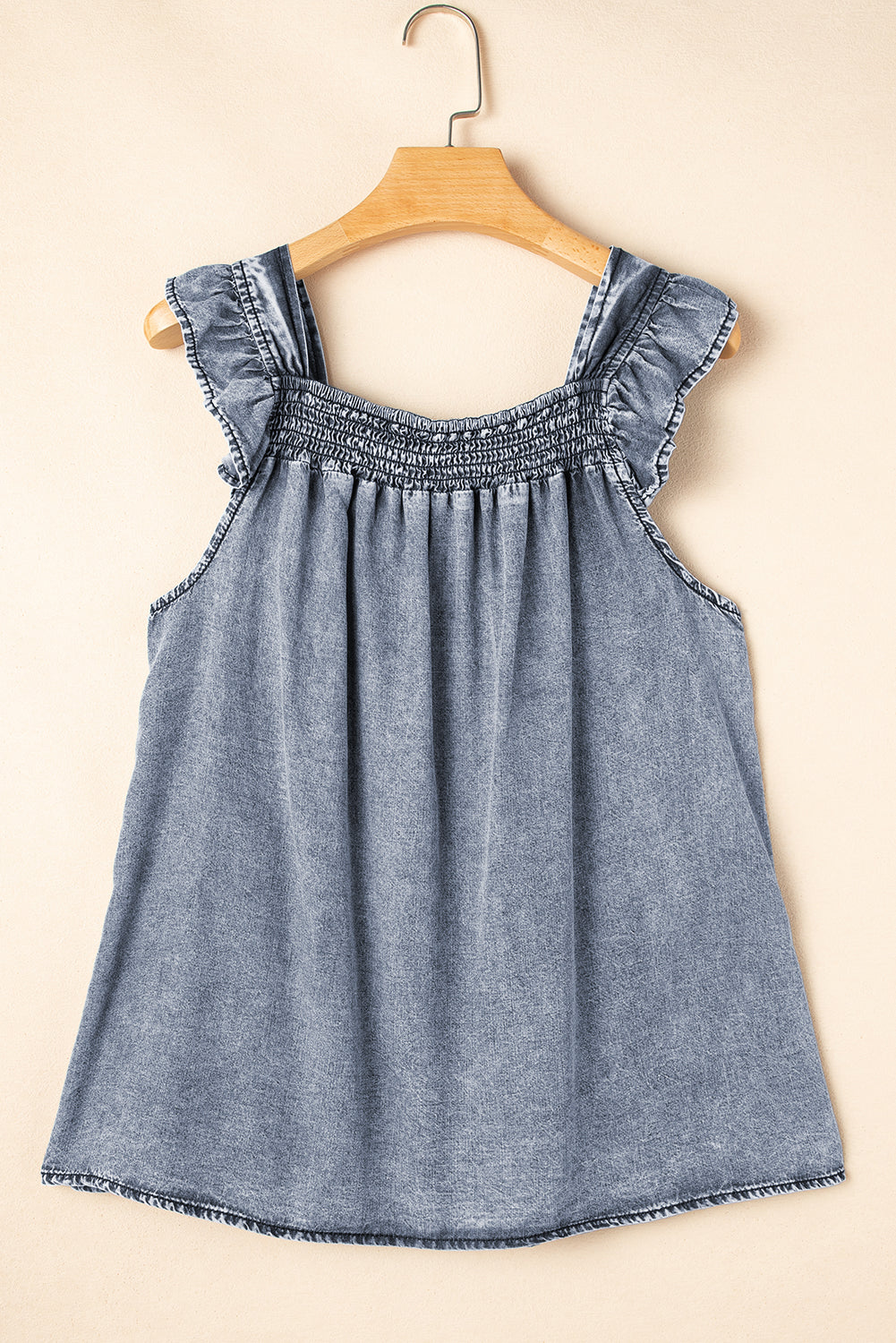 Ashleigh Blue Ruffled Shirred Neckline Sleeveless Denim Tank Top eAura