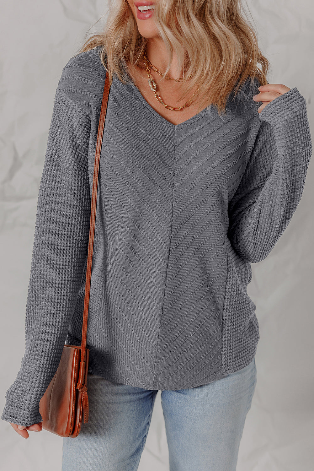 V-Neck Chevron Textured Long Sleeve Top - eAura