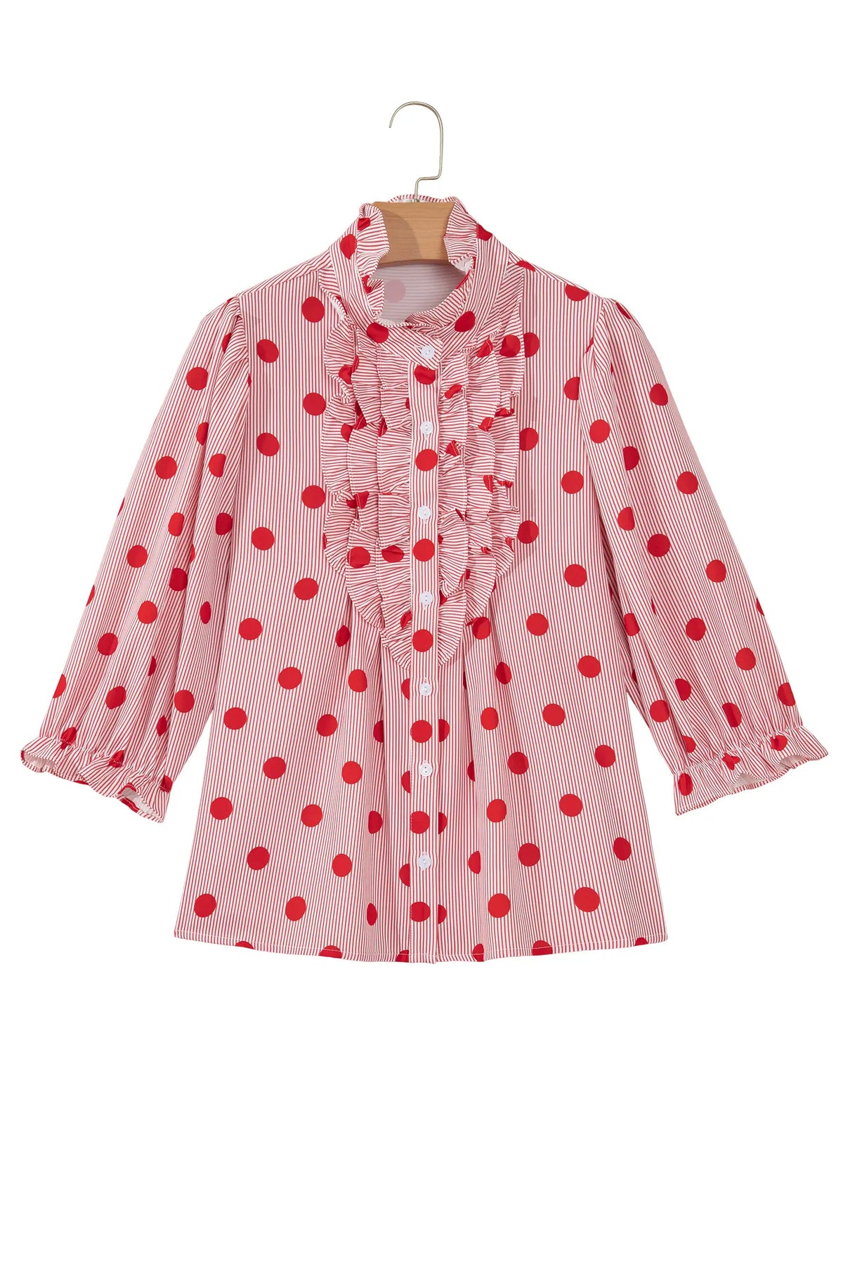 Polka Dot Striped Print Ruffle Stand Neck 3/4 Sleeve Shift Shirt – Fiery Red