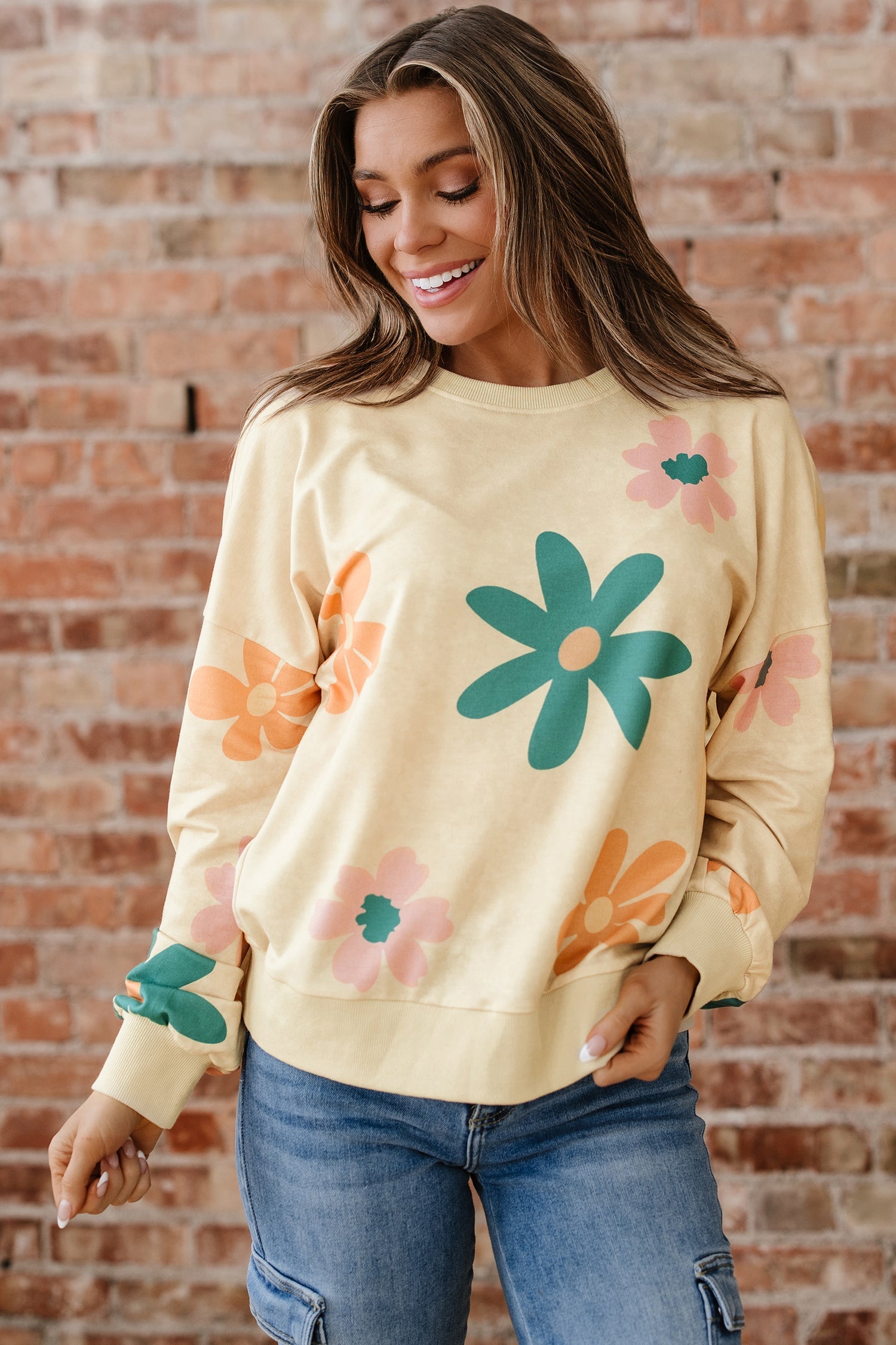 Mineral Washed French Terry Flower Print Sweatshirt - eAura