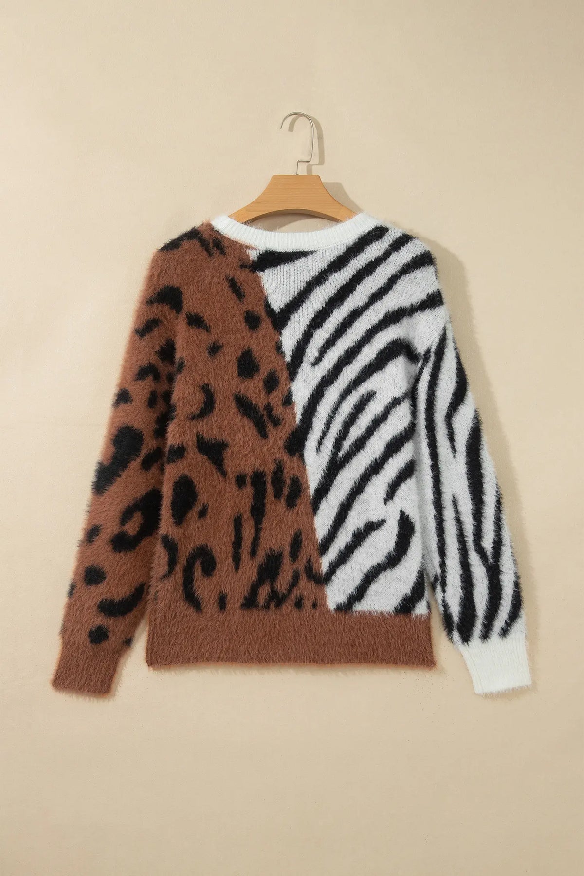 Western Leopard Zebra Print Long Sleeve Round Neck Sweater – Coffee