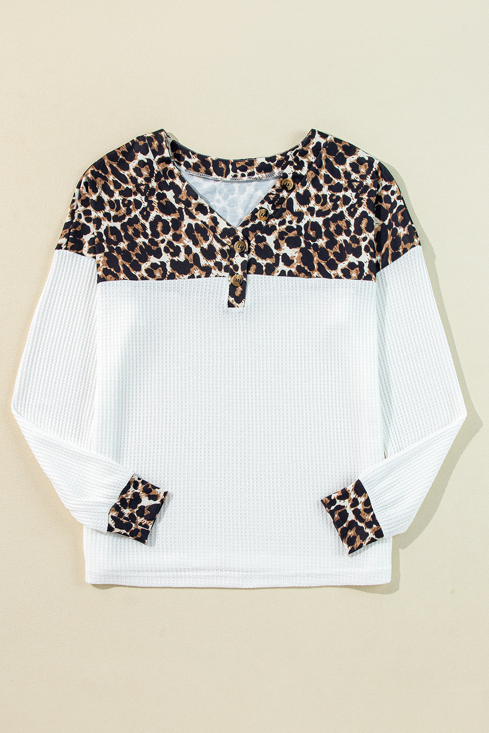 White Leopard Waffle Knit Patchwork Button V Neck Top - eAura