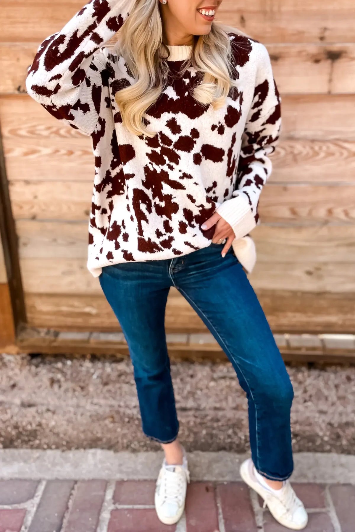 Western Print Cow Pattern Long Sleeve Round Neck Pullover Knitwear Sweater