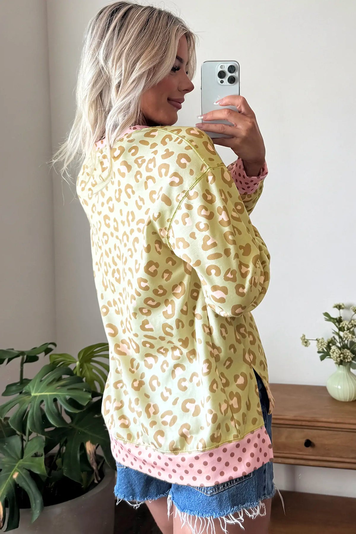 Leopard Polka Dot Colourblock Trim Long Sleeve Top – Khaki