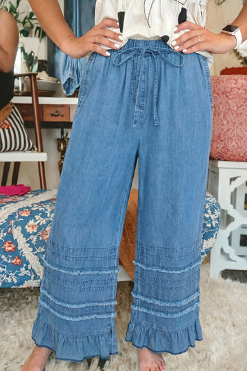 Ruffled Hem Wide Leg Chambray Pants – Dusk Blue