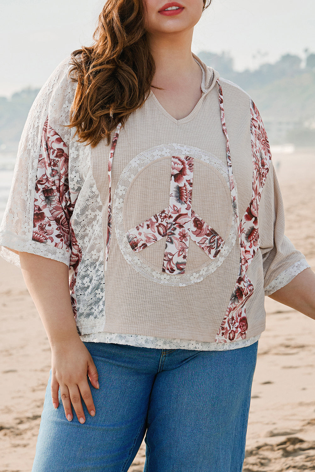 Khaki V Neck Floral Peace Sign Graphic Lace Patch Ribbed Plus Size Hooded Top BB Fashion Outlet
