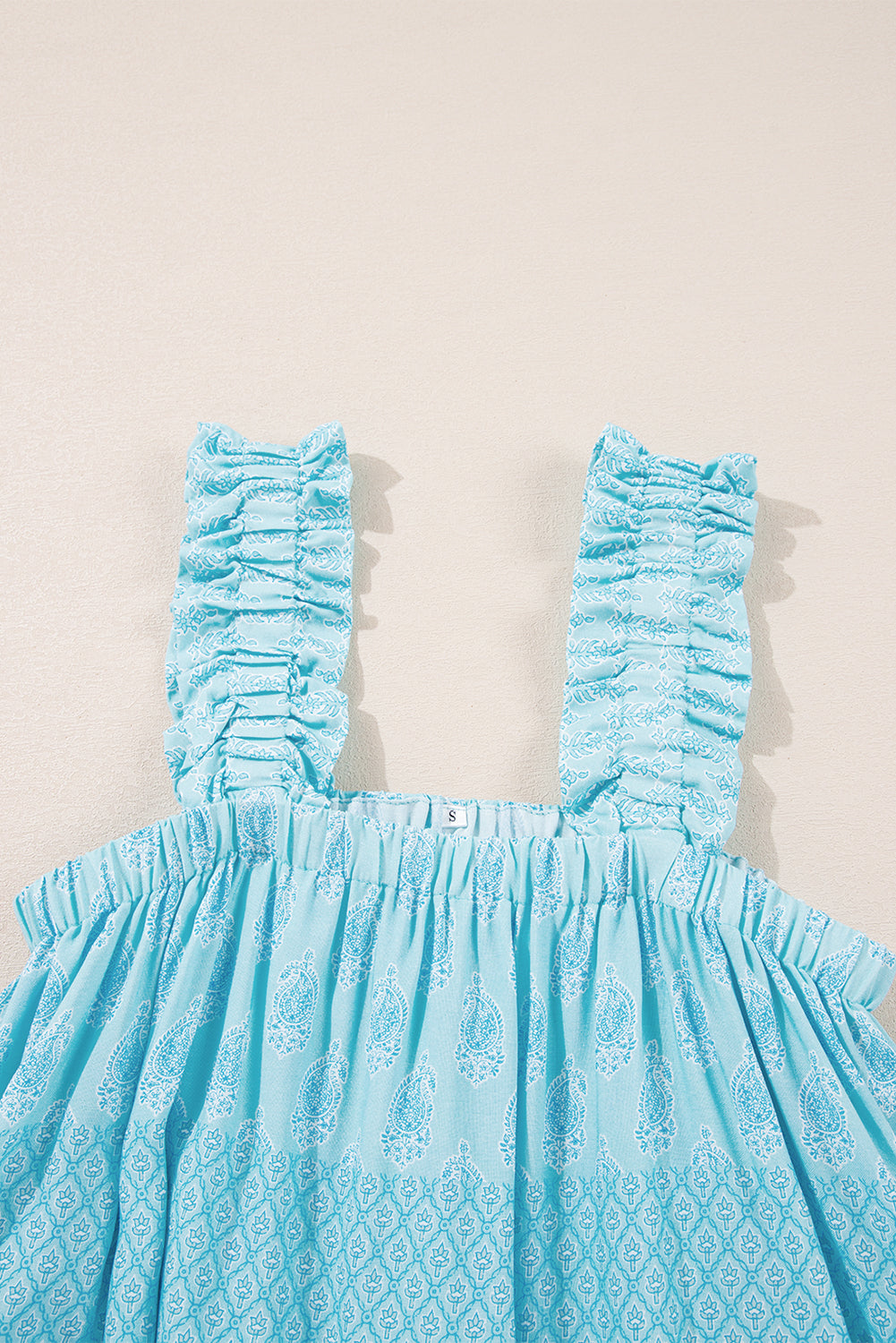 Sky Blue Tribal Pattern Print Ruffled Wide Straps Loose Tank Top eAura