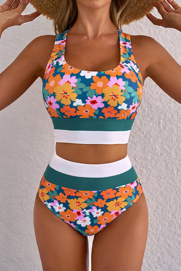Green Floral Print Racerback Cutout High Waist 2pcs Bikini eAura