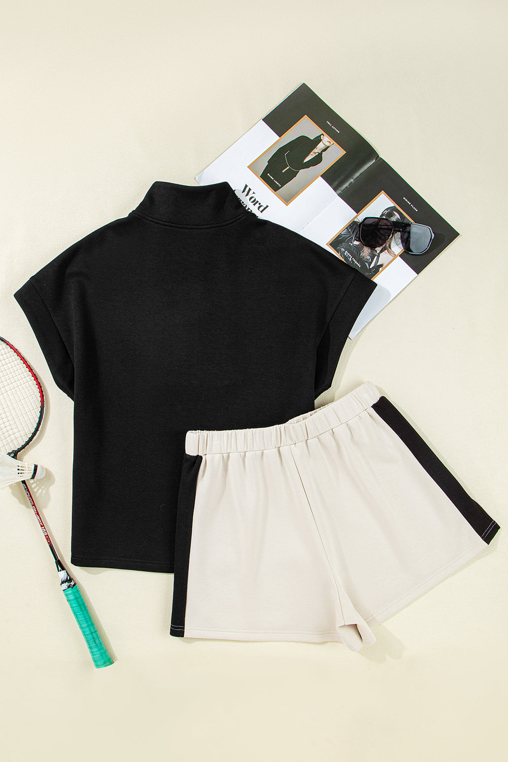 Black Contrast Zipped Collared T Shirt and Short Co-ord Set eAura