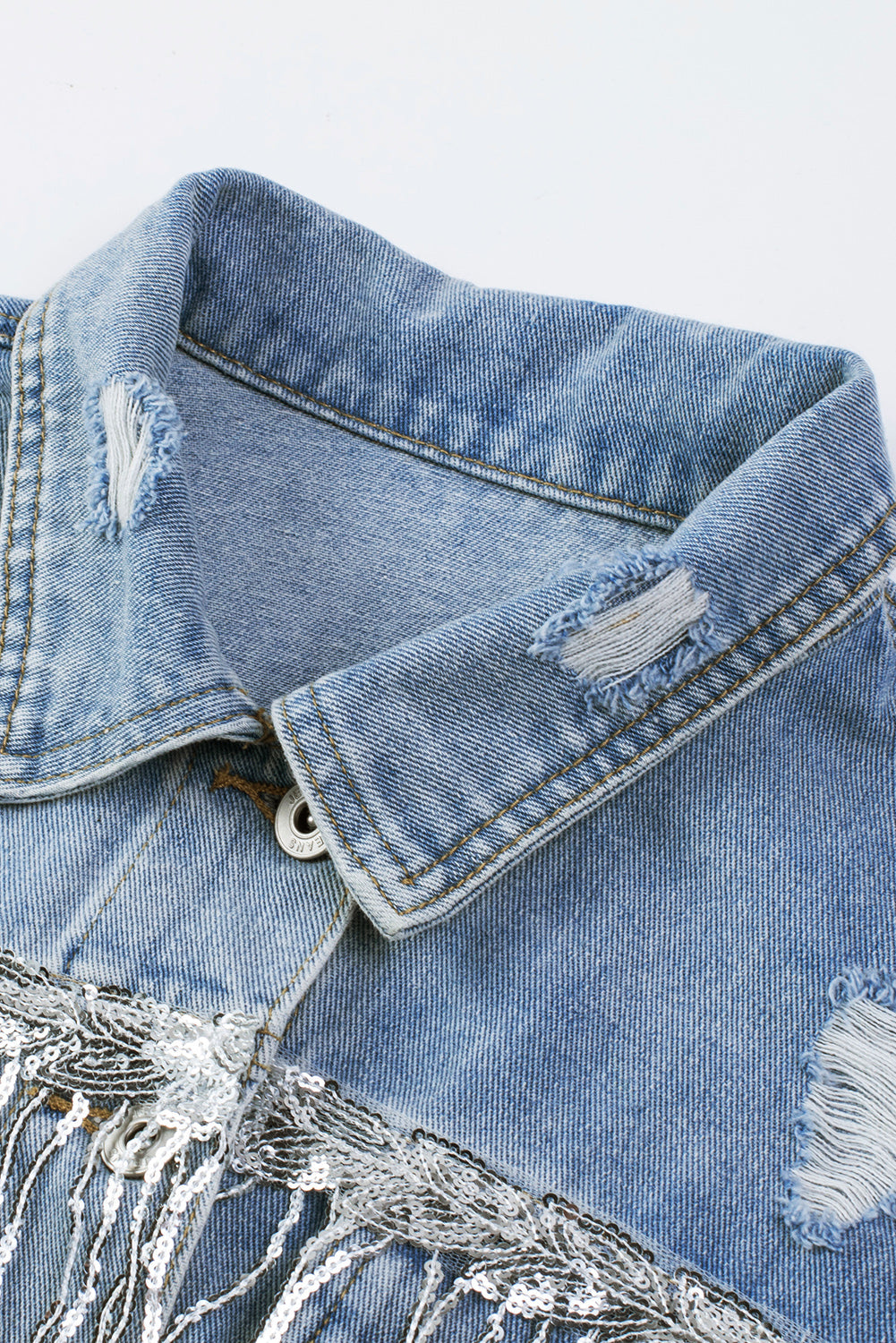 Sky Blue Sequin Embellished Fringe Distressed Denim Jacket Beagle Boutique Fashion Outlet