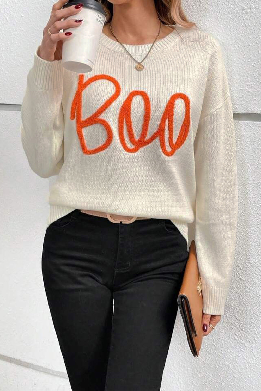 Black Boo Knitted Pattern Ribbed Edge Drop Shoulder Sweater eAura
