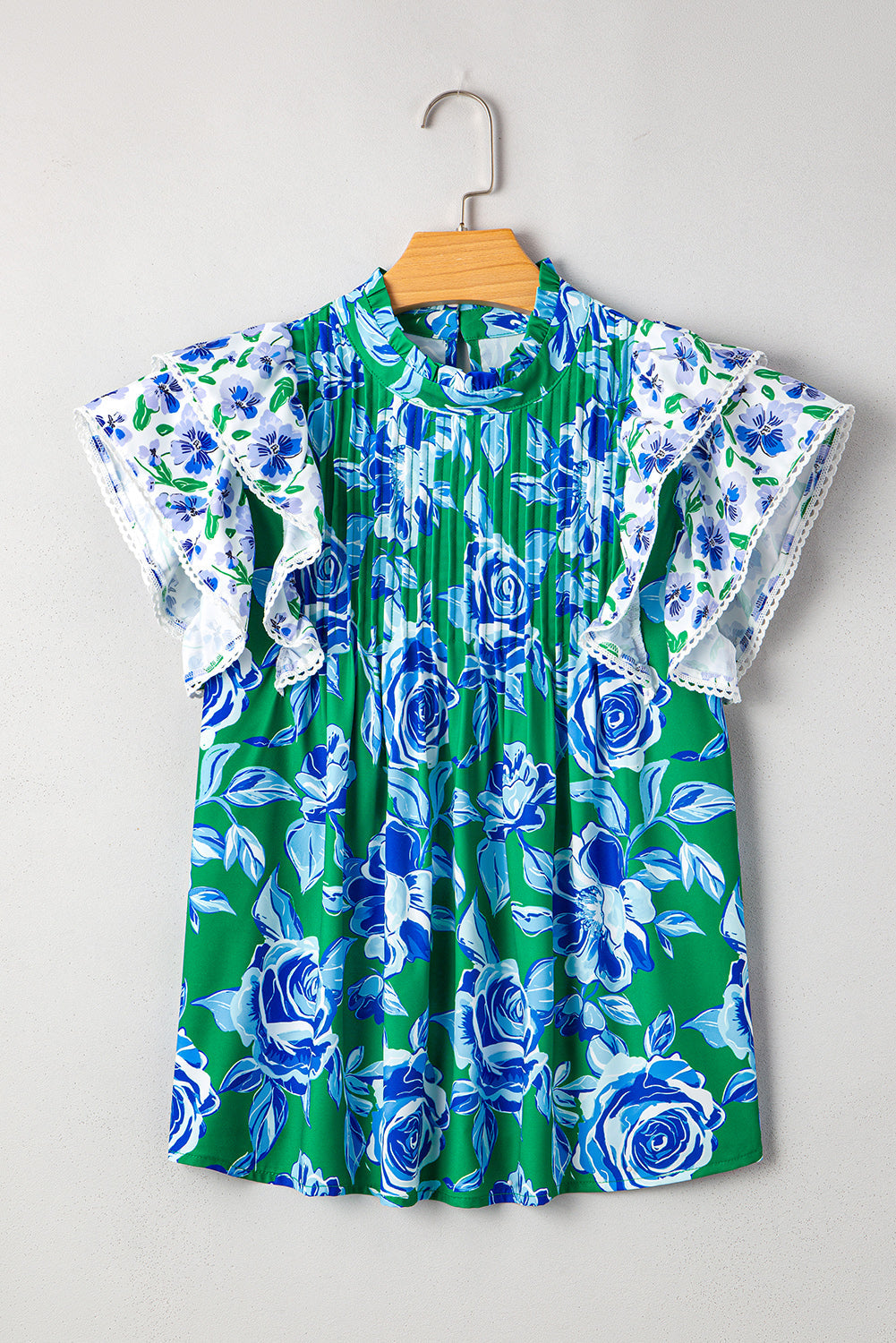 Green Floral Print Lace Trim Contrast Ruffle Sleeve Pleated Loose Blouse eAura