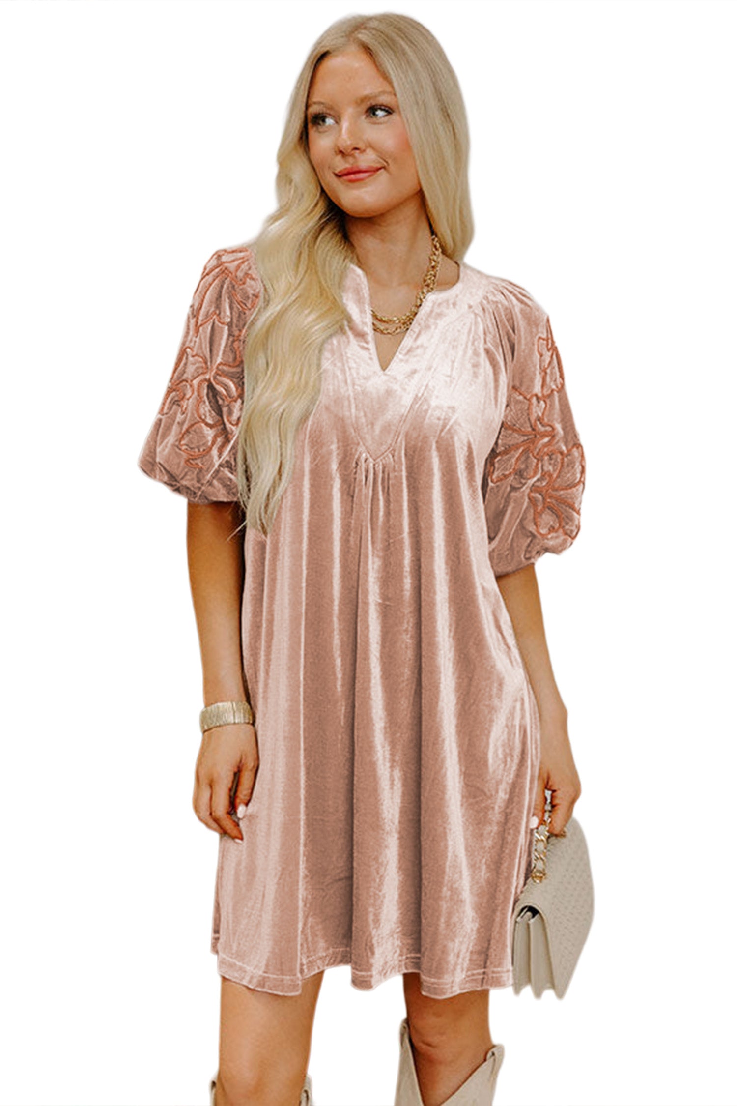Embroidered Sleeve Velvet Mini Shift Dress – Light French Beige
