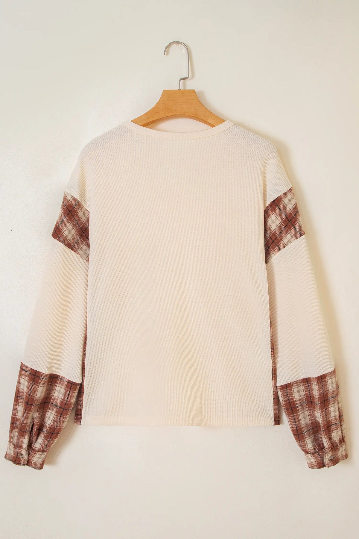 Waffle Textured V Neck Plaid Colourblock Drop Shoulder Long Sleeve Top – Beige