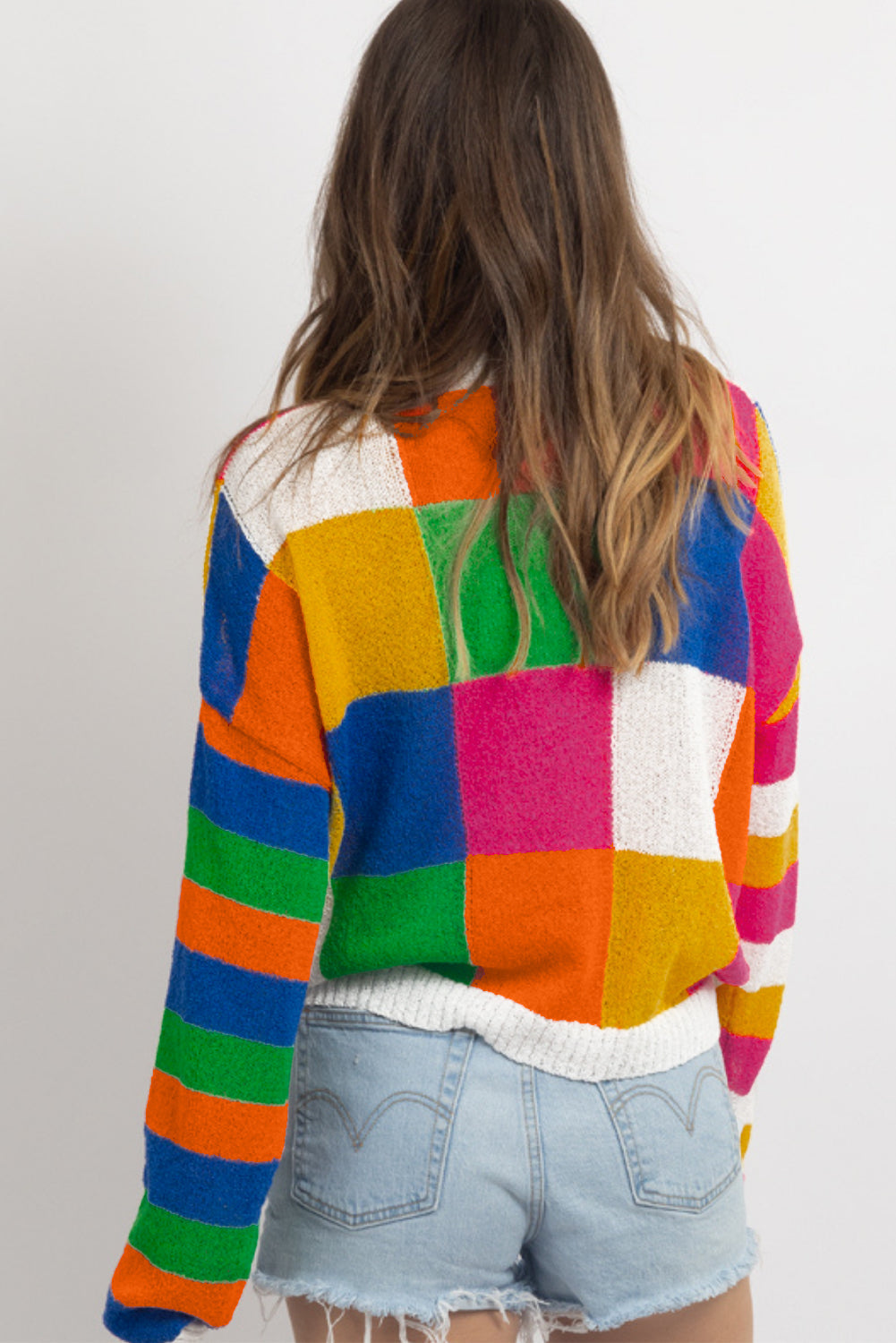 Orange Checkered Colour Block Round Neck Loose Sweater eAura