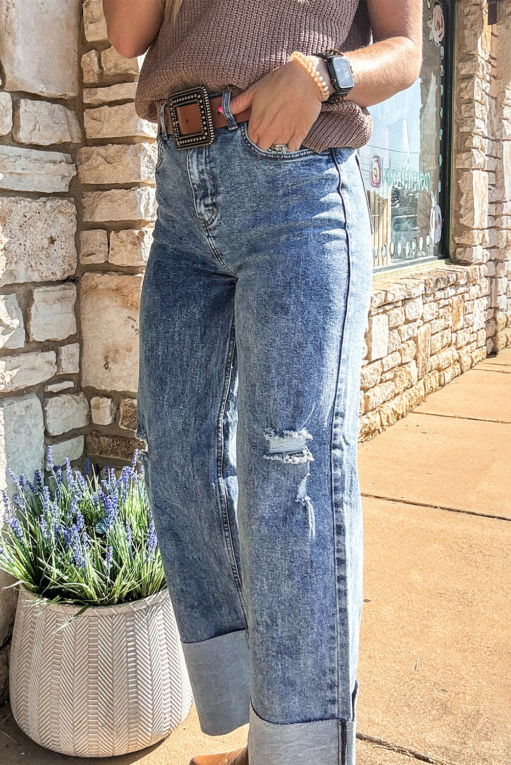 Ashleigh Blue Mineral Wash Bottom Cuff Distressed Wide Leg Jeans eAura