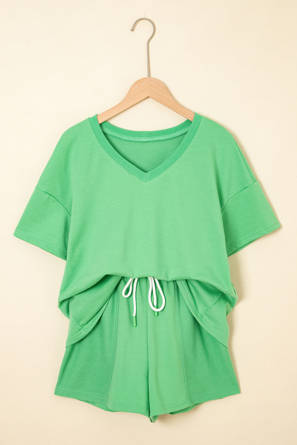 Mint Green V Neck Drop Shoulder Tee and Patchwork Drawstring Shorts Set eAura