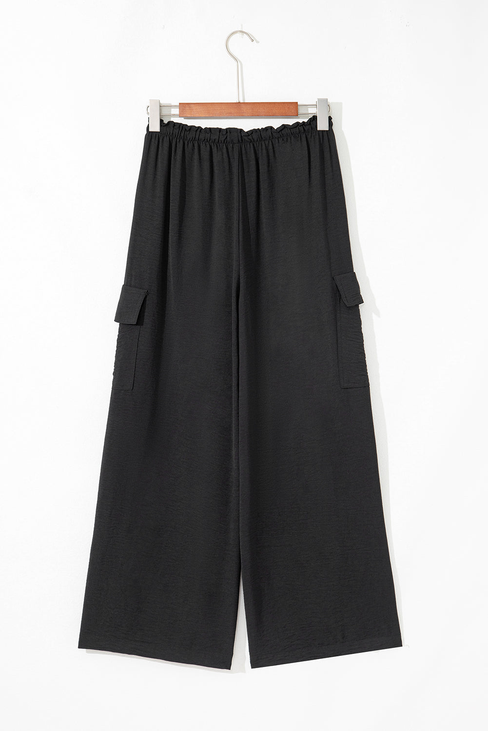 Black Drawstring Frilled Waist Wide Leg Utility Trousers Lightweight eAura
