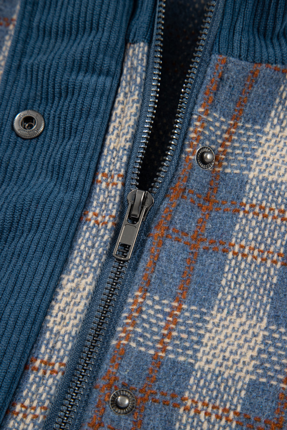 Plaid Soft Corduroy Patchwork Collared Zip-Up Snap Button Jacket - eAura