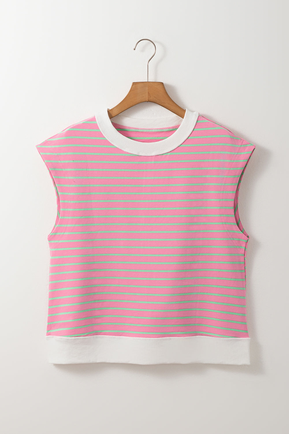 Pink Striped Crew Neck Cap Sleeve T Shirt - eAura
