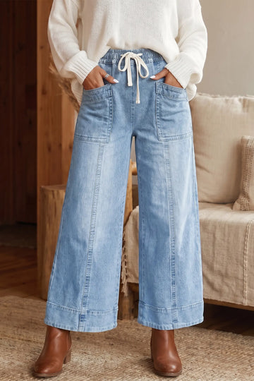 Beau Drawstring Waist Wide Leg Ankle Length Jeans
