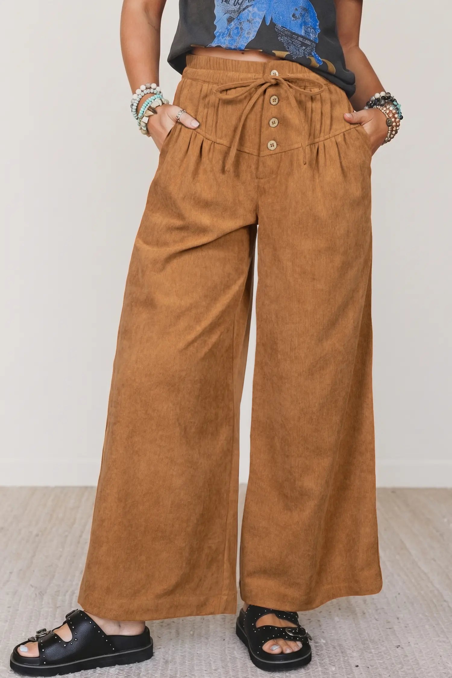 Thai Curry Elastic Waist Wooden Button Placket Ankle Length Wide Leg Pants